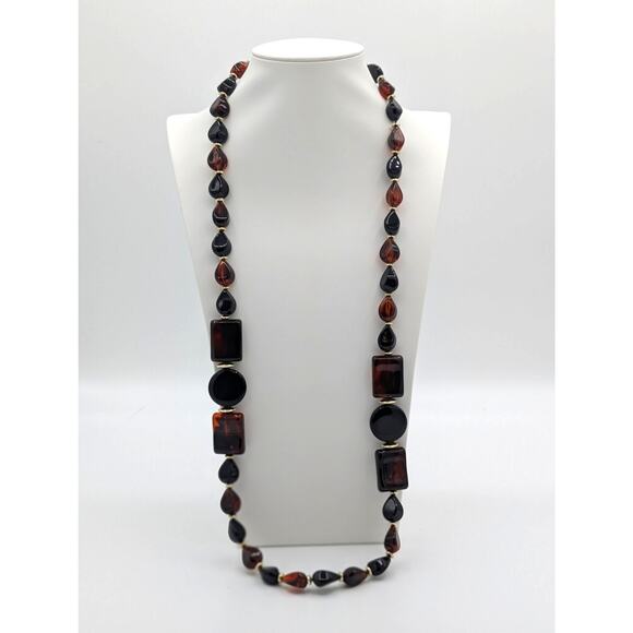 Vintage Acrylic Tortoise Shell Black Beaded Layering Neutral Statement Necklace - Picture 8 of 8